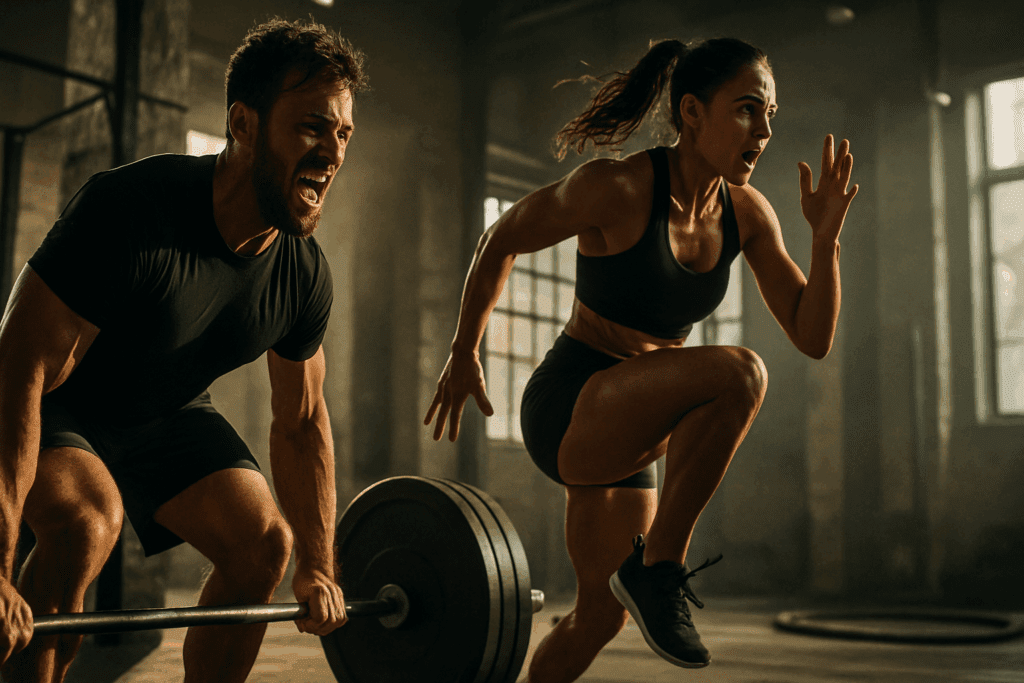 Smart Strategies for How to Stop Being Fat: A Nutrition-Focused Guide to Healthier, Sustainable Weight Loss 5 Man lifting heavy weights and woman doing high-intensity interval training in a gym—showcasing how to stop being fat through intense exercise.