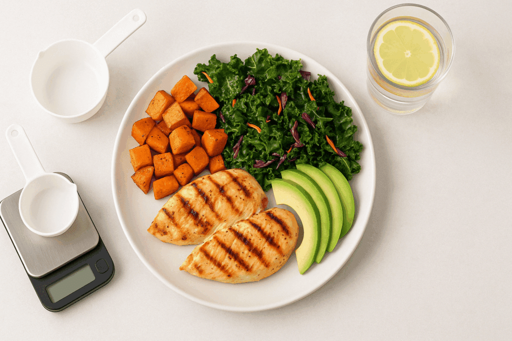 Smart Strategies for Managing Diabetes and Weight Loss: How to Keep Blood Sugar Controlled and Lose Weight Safely 3 Top-down view of a diabetes and weight loss-friendly meal with grilled chicken, roasted sweet potatoes, kale salad, avocado slices, and lemon water on a kitchen table with measuring tools.
