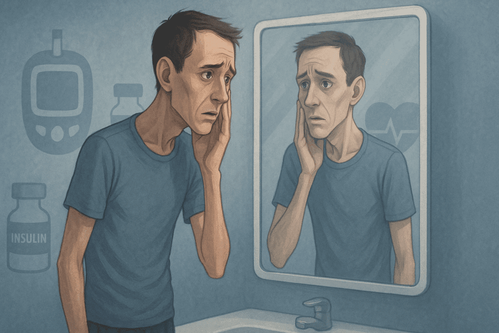 Smart Strategies for Managing Diabetes and Weight Loss: How to Keep Blood Sugar Controlled and Lose Weight Safely 5 Concerned man noticing sudden weight loss in mirror, with subtle medical icons symbolizing diabetes and weight loss in the background.