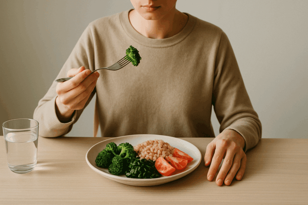 Smart Strategies to Curb Cravings: How to Stop Feeling Hungry After Eating and Support a Healthier Lifestyle 3 Person practicing mindful eating with a forkful of broccoli mid-air, illustrating how to stop feeling hungry after eating.