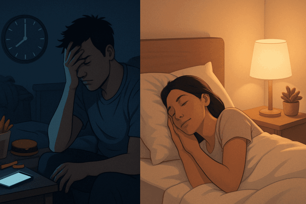 Smart Strategies to Curb Cravings: How to Stop Feeling Hungry After Eating and Support a Healthier Lifestyle 4 Split-scene showing how to stop feeling hungry after eating—one side with a stressed man awake at 2 AM surrounded by junk food, the other with a peaceful woman sleeping in a tidy bedroom.