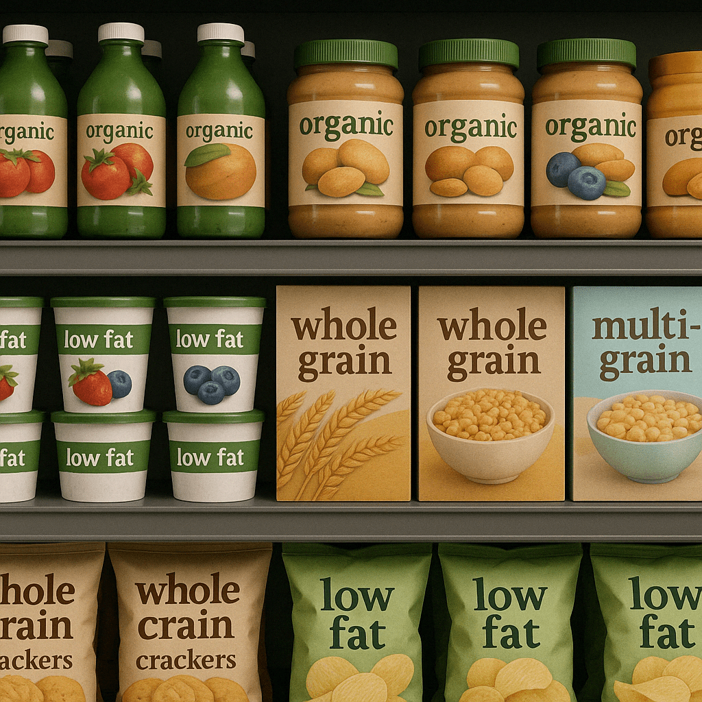 Smart Strategies to Cut Sugar from Your Diet Naturally: A Complete No Sugar Diet Food List to Support Healthier Living 2 Grocery shelf with processed foods labeled “organic,” “low fat,” and “whole grain,” illustrating misleading items often found on a no sugar diet food list.