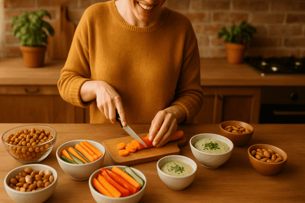 Smart Strategies to Cut Sugar from Your Diet Naturally: A Complete No Sugar Diet Food List to Support Healthier Living 3 Person happily preparing snacks from the no sugar diet food list, including veggies, nuts, and tahini-based dips in a warm kitchen.
