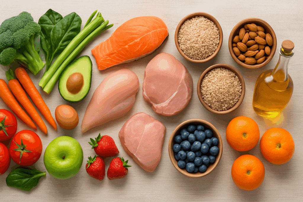 Smart Strategies to Cut Sugar from Your Diet Naturally: A Complete No Sugar Diet Food List to Support Healthier Living 4 Top-down view of a colorful no sugar diet food list featuring broccoli, salmon, chicken, brown rice, avocado, and unsweetened fruits.