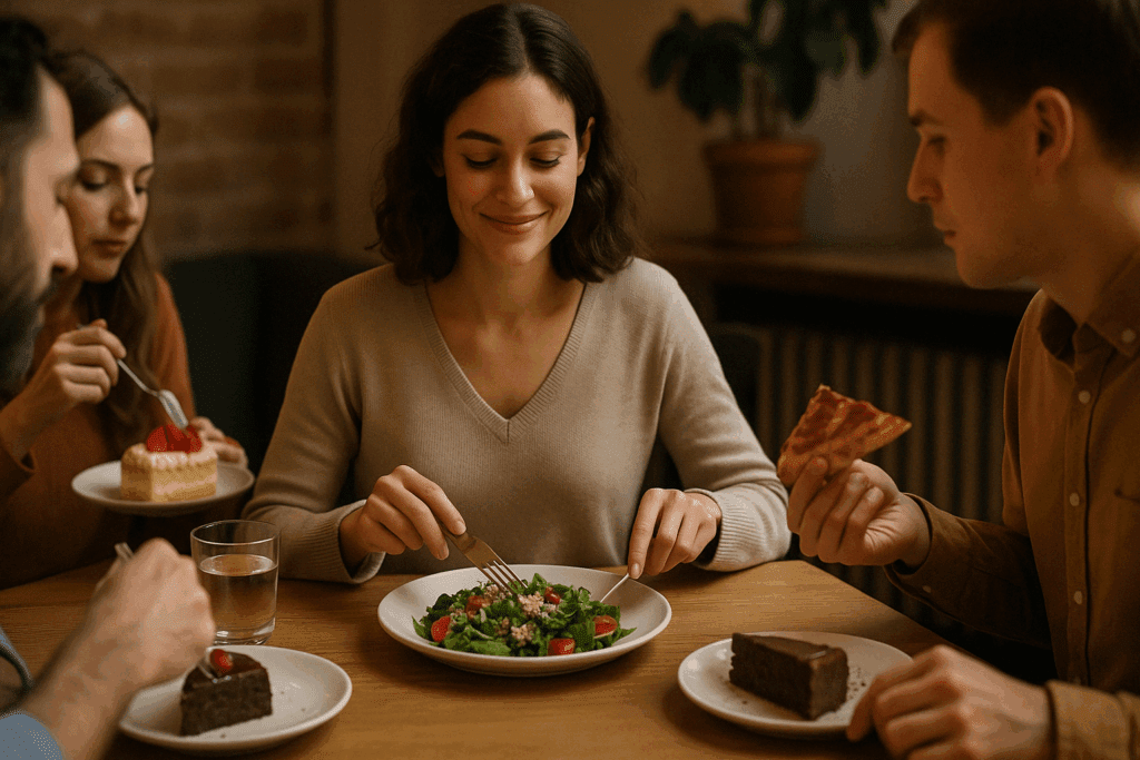 Smart Strategies to Cut Sugar from Your Diet Naturally: A Complete No Sugar Diet Food List to Support Healthier Living 5 Person eating salad at dinner party while others enjoy desserts, illustrating choices from a no sugar diet food list.