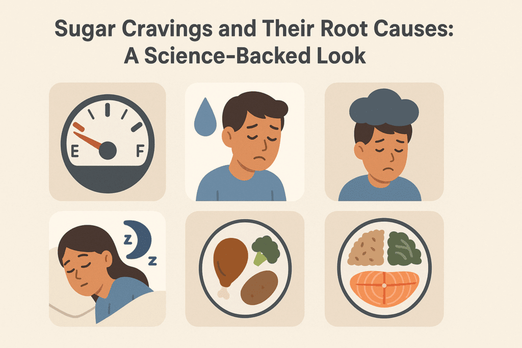 Smart Strategies to Cut Sugar from Your Diet Naturally: A Complete No Sugar Diet Food List to Support Healthier Living 6 Infographic illustrating root causes of sugar cravings with icons representing low energy, dehydration, stress, poor sleep, and unbalanced meals, supporting a no sugar diet food list