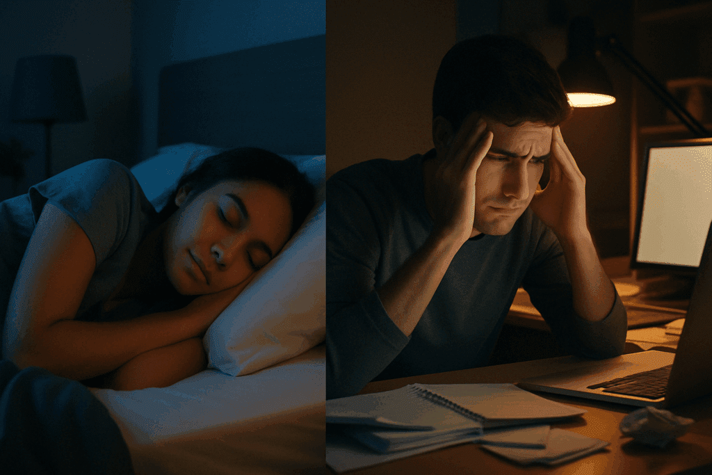 Smart Strategies to Lower Insulin for Weight Loss: How to Keep Insulin Low Naturally and Safely 5 Split-screen showing peaceful sleep and workplace stress, illustrating lifestyle impacts that raise or lower insulin