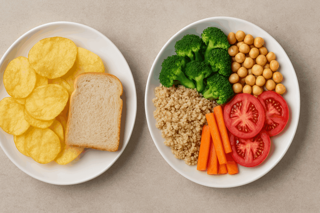 Smart Vegetarian Low Calorie Meals: Easy, Expert-Backed Recipes for Nutritious Living 1 Two side-by-side plates showing 300-calorie vegetarian low calorie meals: one with chips and white bread, the other with quinoa, chickpeas, and vegetables.