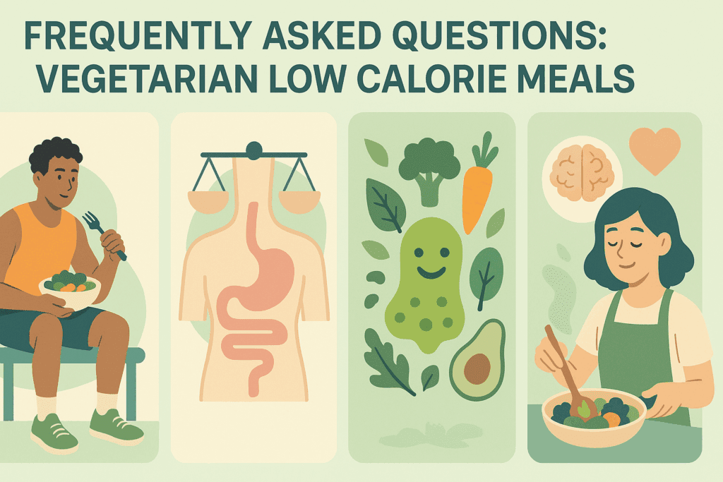 Smart Vegetarian Low Calorie Meals: Easy, Expert-Backed Recipes for Nutritious Living 6 Infographic with four pastel panels illustrating benefits of vegetarian low calorie meals: athletic performance, appetite balance, gut health, and cognitive wellness.