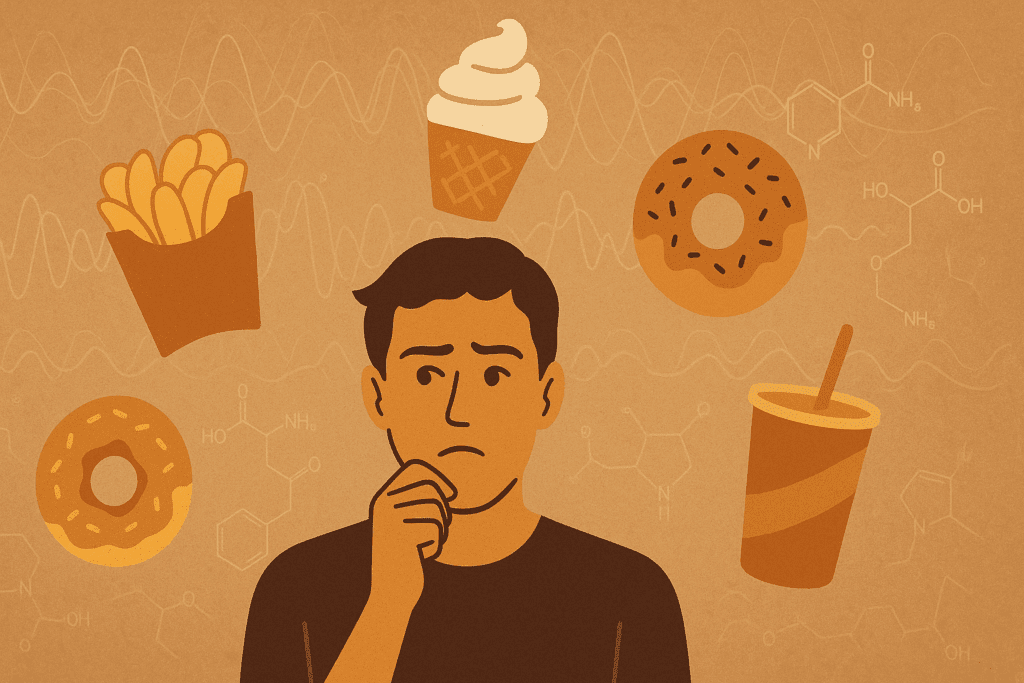 Person surrounded by tempting junk food icons like chips, donuts, and ice cream, illustrating how to control food cravings through mindful choices.