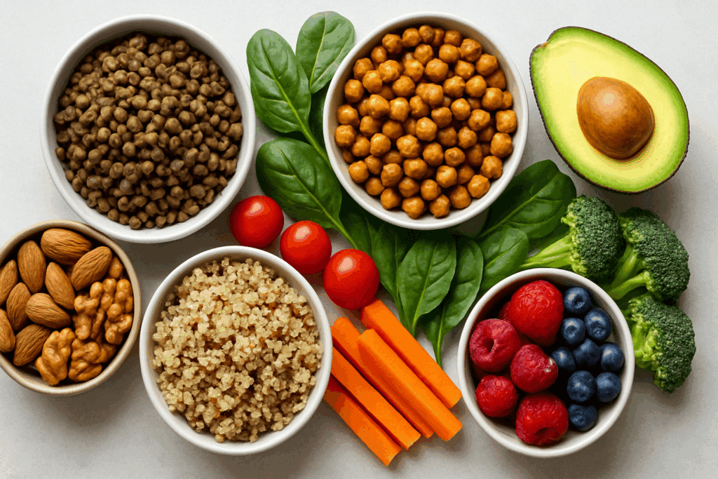 Smart Ways to Control Food Cravings: How to Stop Eating When Not Hungry and Build Better Habits Naturally 3 Top-down view of lentils, avocado, chickpeas, quinoa, nuts, and berries arranged on a table to illustrate how to control food cravings naturally.