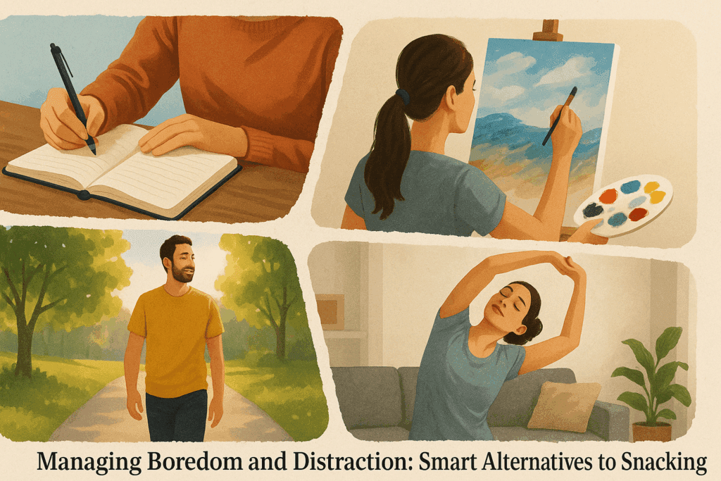 Smart Ways to Control Food Cravings: How to Stop Eating When Not Hungry and Build Better Habits Naturally 5 Collage showing how to control food cravings with healthy habits like journaling, painting, walking outdoors, and stretching at home