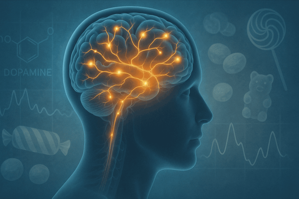 Neural pathways in a human brain lighting up in response to sugar, symbolizing the physiological triggers addressed by supplements to help with sugar cravings