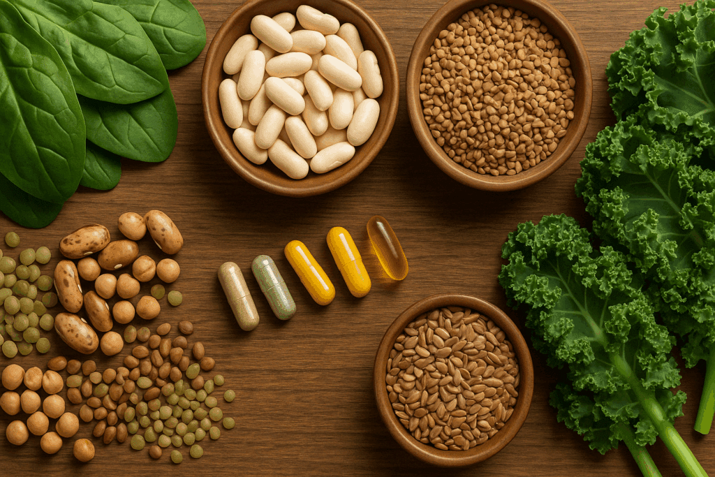 Smart Ways to Curb Cravings Naturally: Best Supplements to Help with Sugar Cravings and Support a Healthier Diet 2 Natural supplements to help with sugar cravings surrounded by leafy greens, legumes, seeds, and whole grains on a wooden table.
