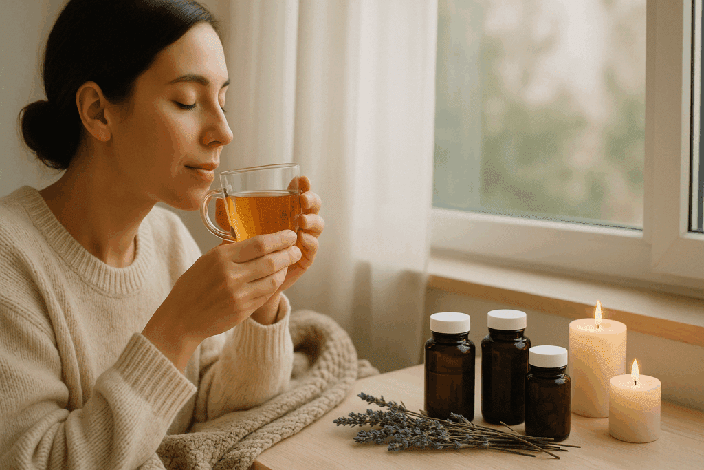 Smart Ways to Curb Cravings Naturally: Best Supplements to Help with Sugar Cravings and Support a Healthier Diet 4 Relaxed woman sipping herbal tea by a window, surrounded by supplements to help with sugar cravings, lavender, and candles.