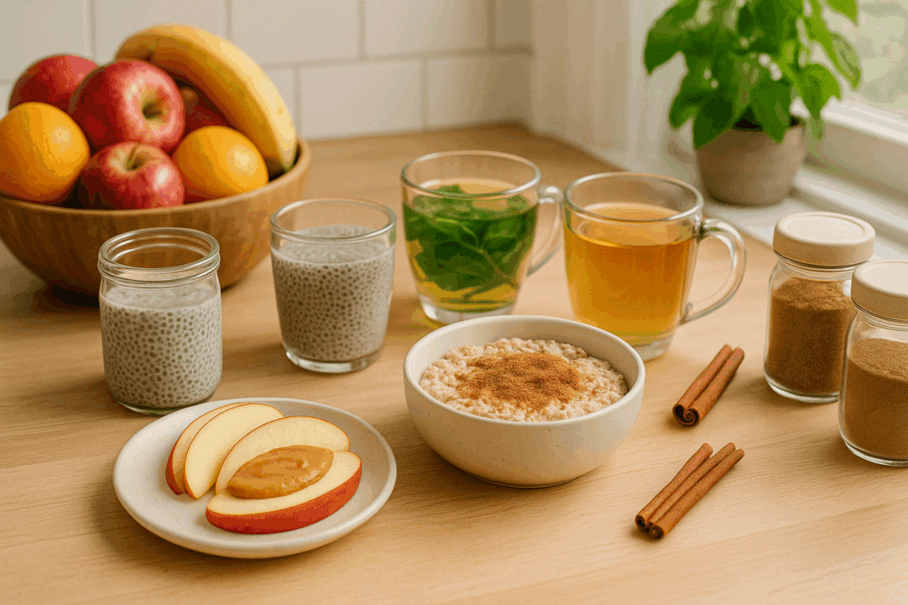 Smart Ways to Cut Back: How to Reduce Sugar Intake and Support a Healthier Lifestyle Naturally 3 Healthy kitchen meal prep showing chia pudding, cinnamon oats, and fruit snacks as examples of how to reduce sugar intake.