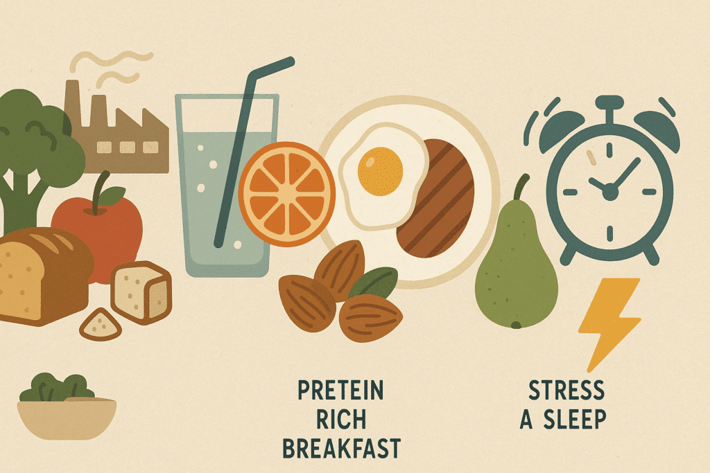 Smart Ways to Cut Back: How to Reduce Sugar Intake and Support a Healthier Lifestyle Naturally 6 Infographic-style illustration showing how to reduce sugar intake with whole foods, citrus water, protein breakfasts, healthy snacks, and sleep management