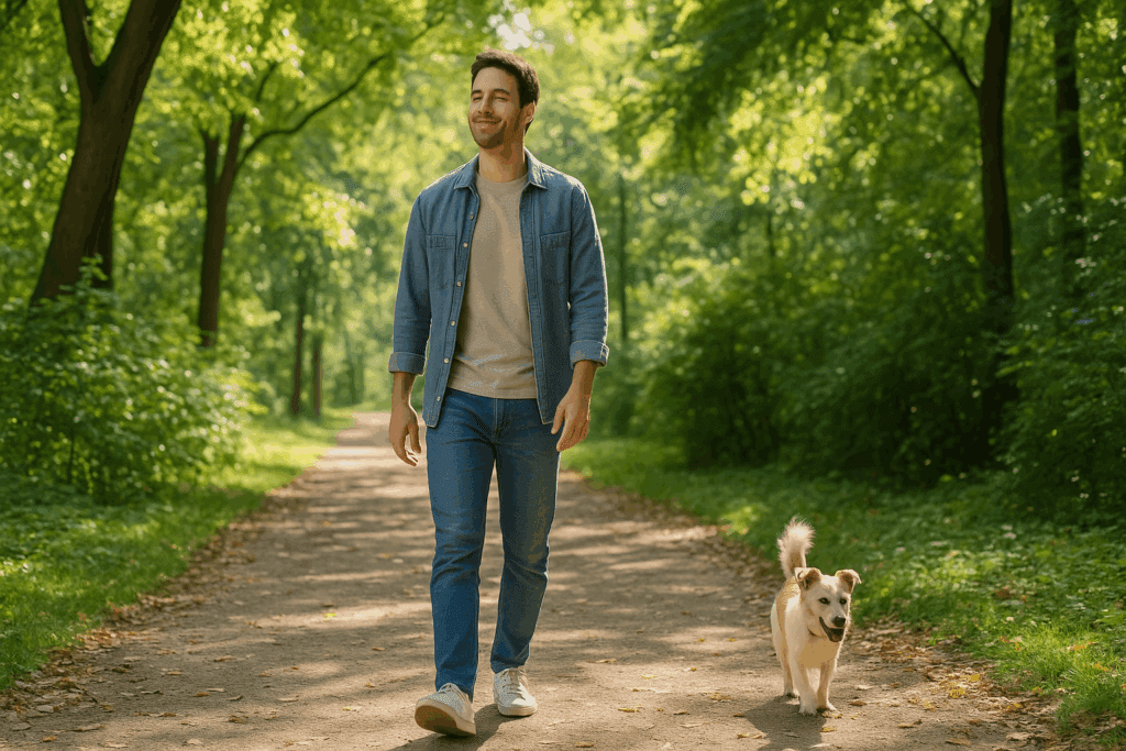 Smart Ways to Improve Digestion: How to Digest Faster and Support Gut Health Naturally 5 Man walking slowly through a sunlit leafy park with a dog after eating, illustrating how to digest faster naturally.