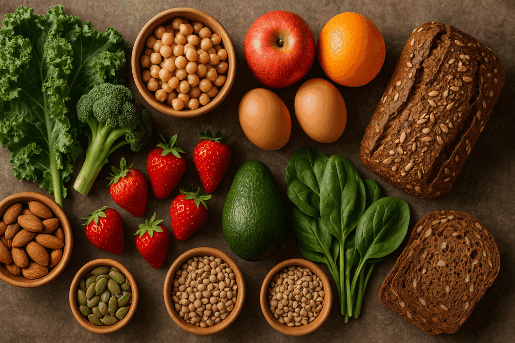 Smart Ways to Start a Wholesome Food Diet: Your Essential Whole Food List and Unprocessed Eating Guide 1 Flat-lay of fresh ingredients for a wholesome food diet, including leafy greens, fruits, nuts, legumes, eggs, and whole grain bread on a rustic table.