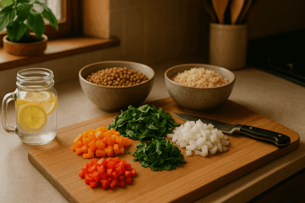 Smart Ways to Start a Wholesome Food Diet: Your Essential Whole Food List and Unprocessed Eating Guide 2 Fresh vegetables, lentils, and whole grain rice on a kitchen counter as part of a wholesome food diet