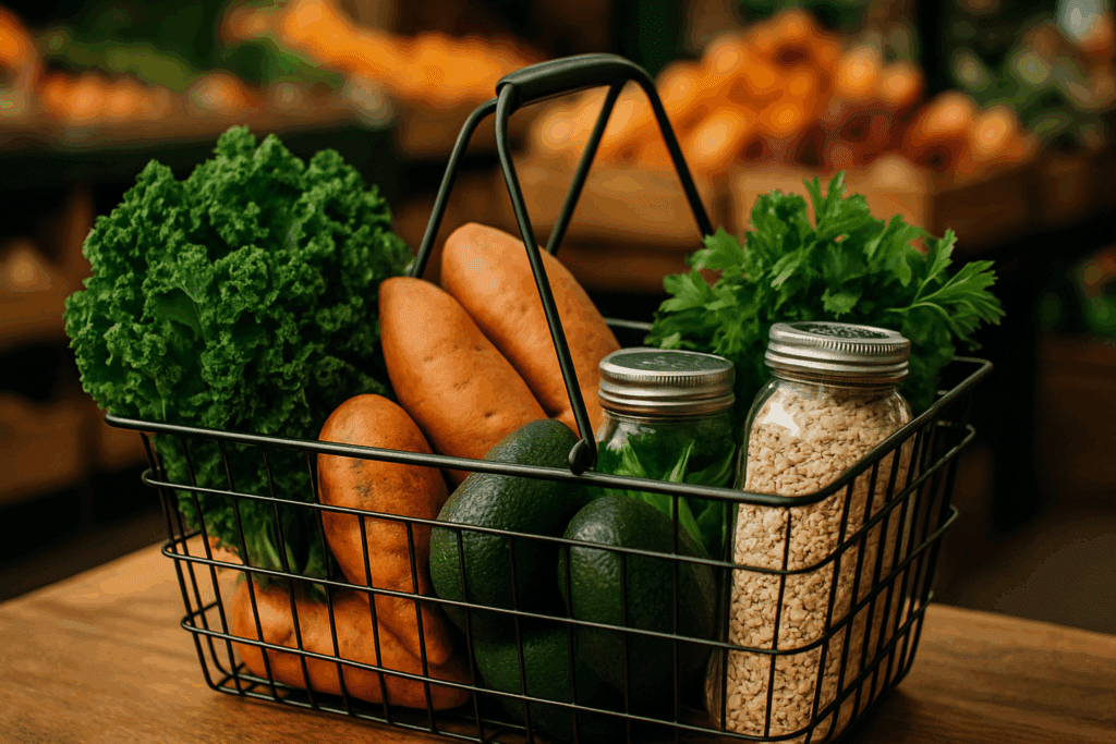 Smart Ways to Start a Wholesome Food Diet: Your Essential Whole Food List and Unprocessed Eating Guide 4 Grocery basket filled with kale, sweet potatoes, avocados, parsley, lentils, and oats in a market aisle—ideal for a wholesome food diet.