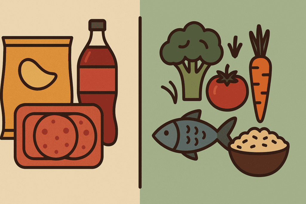 Smart Ways to Start a Wholesome Food Diet: Your Essential Whole Food List and Unprocessed Eating Guide 6 Split-screen illustration comparing processed foods like soda and deli meat with whole foods including fish, grains, and vegetables to highlight a wholesome food diet