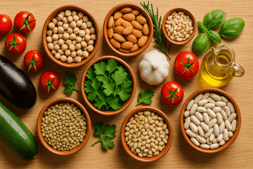 Smart and Delicious: Healthy Mediterranean Meal Ideas Backed by Science for a Better Lifestyle 1 Flat-lay of ingredients for a healthy Mediterranean meal with fresh vegetables, legumes, nuts, herbs, and olive oil on wood surface.
