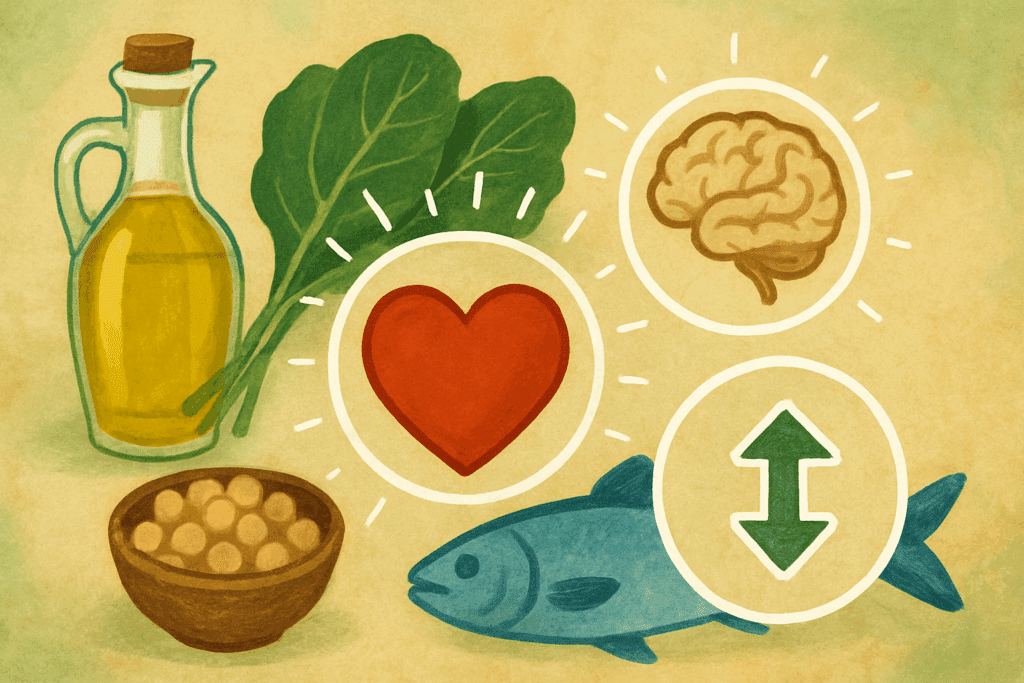 Smart and Delicious: Healthy Mediterranean Meal Ideas Backed by Science for a Better Lifestyle 2 Heart, brain, and metabolism icons surrounded by olive oil, fish, legumes, and leafy greens representing a healthy Mediterranean meal