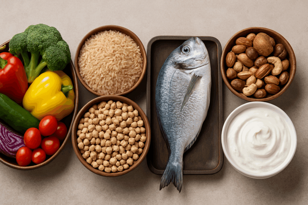 Smart and Delicious: Healthy Mediterranean Meal Ideas Backed by Science for a Better Lifestyle 3 Colorful display of a healthy Mediterranean meal with fresh fish, chickpeas, brown rice, assorted vegetables, nuts, and yogurt in rustic bowls.