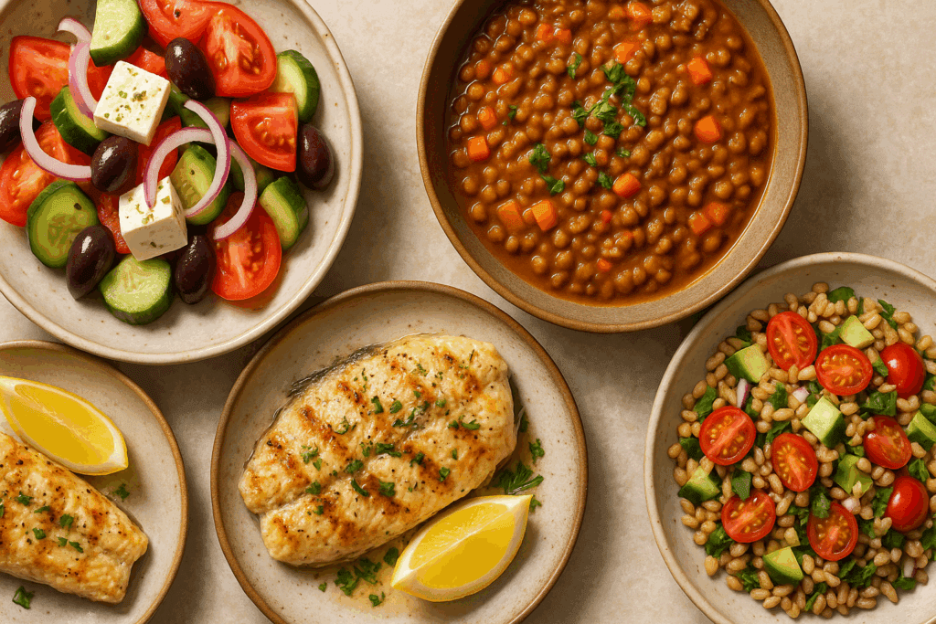 Smart and Delicious: Healthy Mediterranean Meal Ideas Backed by Science for a Better Lifestyle 4 Grilled fish with lemon, Greek salad, lentil stew, and farro salad on rustic plates showcasing a healthy Mediterranean meal.