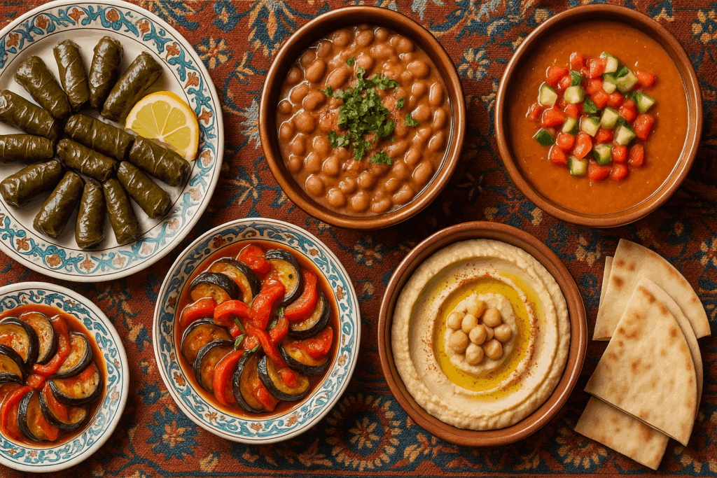 Smart and Delicious: Healthy Mediterranean Meal Ideas Backed by Science for a Better Lifestyle 5 Top-down view of a healthy Mediterranean meal with stuffed grape leaves, ful medames, ratatouille, gazpacho, and hummus on traditional tableware.