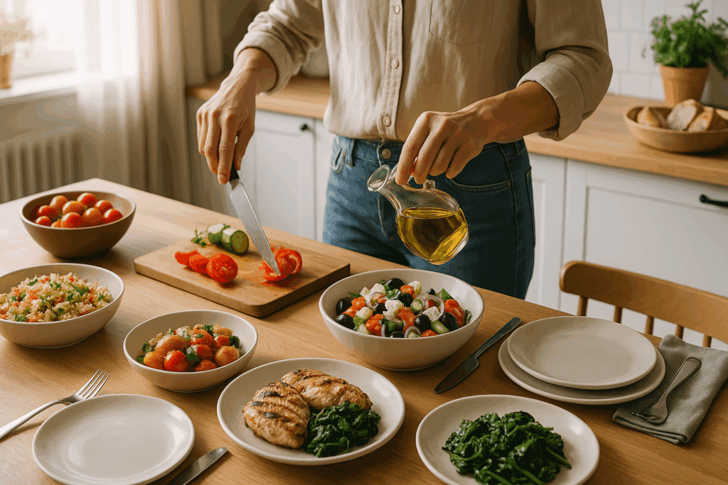 Smart and Delicious: Healthy Mediterranean Meal Ideas Backed by Science for a Better Lifestyle 6 Person preparing a healthy Mediterranean meal with grilled chicken, fresh salad, and olive oil in a sunlit kitchen.