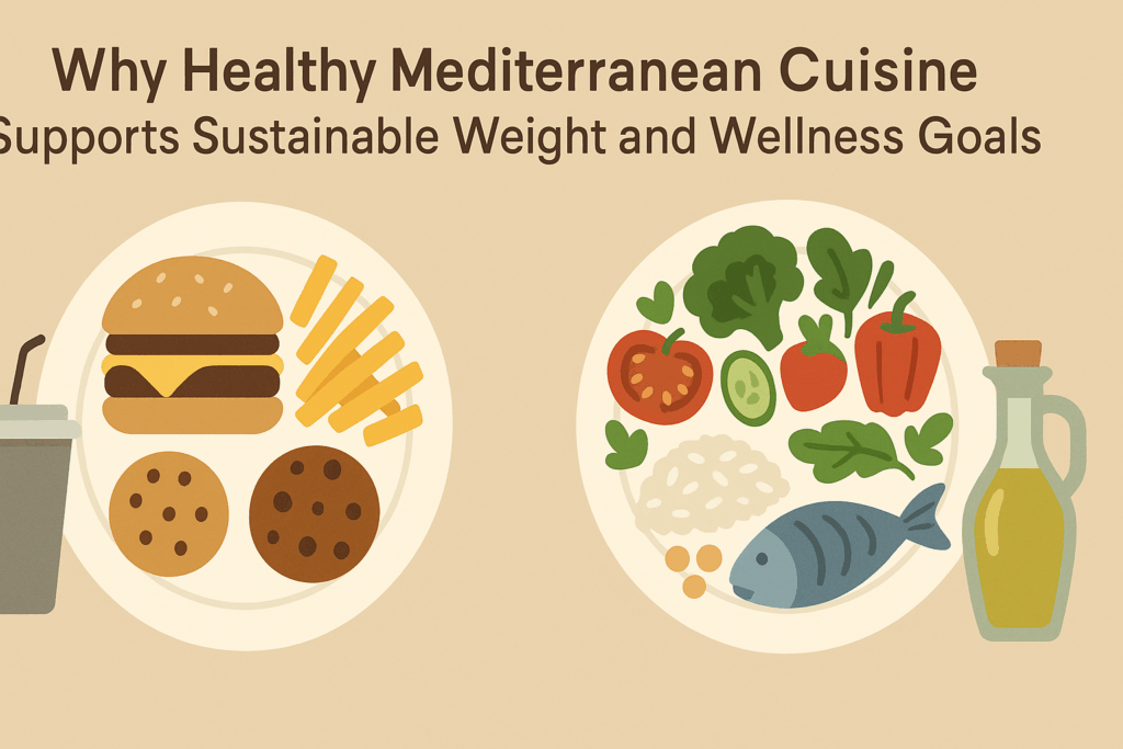 Smart and Delicious: Healthy Mediterranean Meal Ideas Backed by Science for a Better Lifestyle 7 Infographic contrasting a healthy Mediterranean meal with a Western fast food plate using icons of fish, vegetables, olive oil, and legumes vs. burger, fries, and cookies