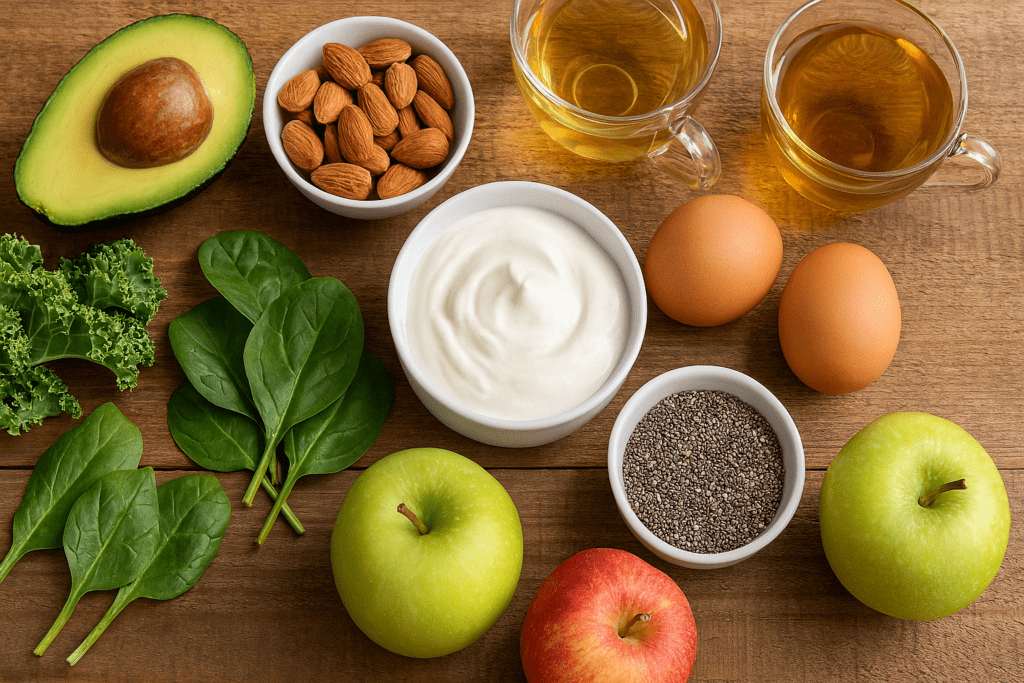 Smart and Natural Appetite Suppressant Strategies: What Can I Take to Suppress My Appetite and Support a Healthier Lifestyle? 2 Fresh flat-lay of natural foods like avocado, eggs, yogurt, and chia seeds used in answers to what can I take to suppress my appetite.