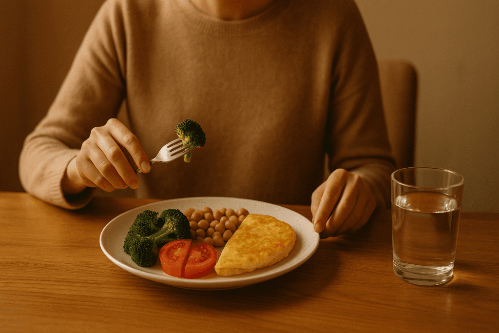 Smart and Natural Appetite Suppressant Strategies: What Can I Take to Suppress My Appetite and Support a Healthier Lifestyle? 3 Mindful person eating a balanced breakfast with protein, fiber, and water—showing what can I take to suppress my appetite through healthy habits.