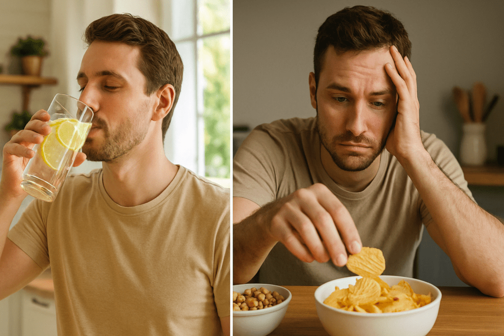 Smart and Natural Appetite Suppressant Strategies: What Can I Take to Suppress My Appetite and Support a Healthier Lifestyle? 4 Split-screen of a man drinking lemon water for hydration and reaching for snacks when fatigued, illustrating what can I take to suppress my appetite naturally.