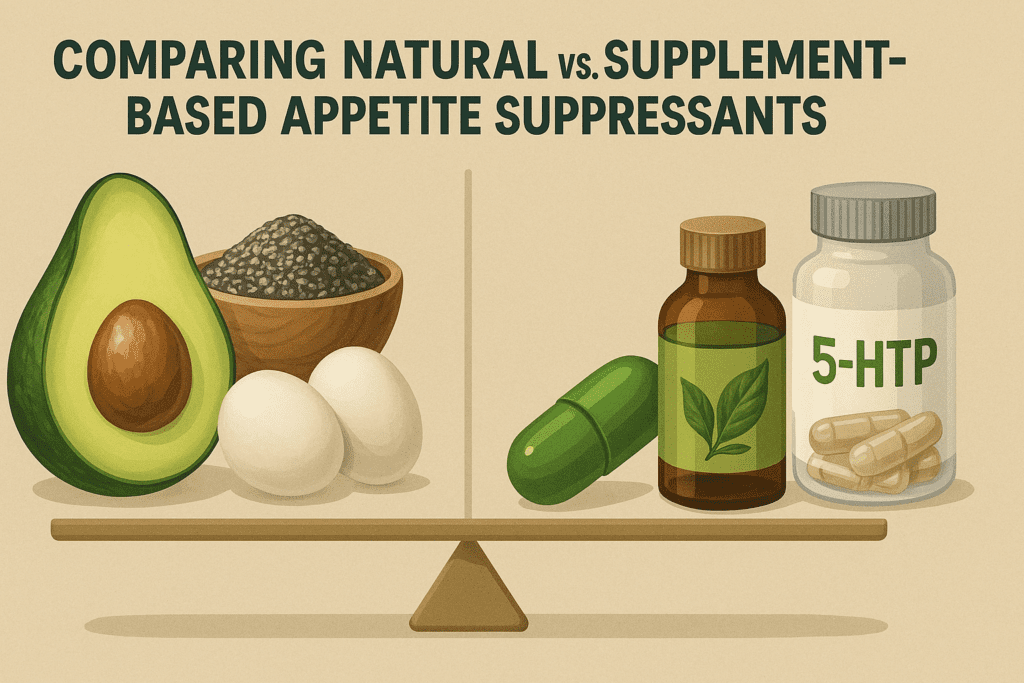 Smart and Natural Appetite Suppressant Strategies: What Can I Take to Suppress My Appetite and Support a Healthier Lifestyle? 7 Realistic comparison of natural appetite suppressants like avocado and eggs versus supplements like green tea extract and 5-HTP, illustrating what can I take to suppress my appetite.