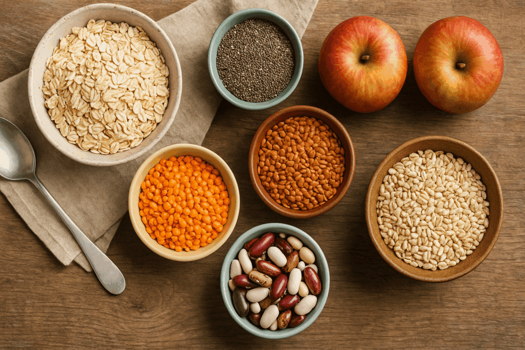 Assortment of high-fiber foods like oats, chia seeds, apples, and lentils arranged as natural ways to suppress appetite