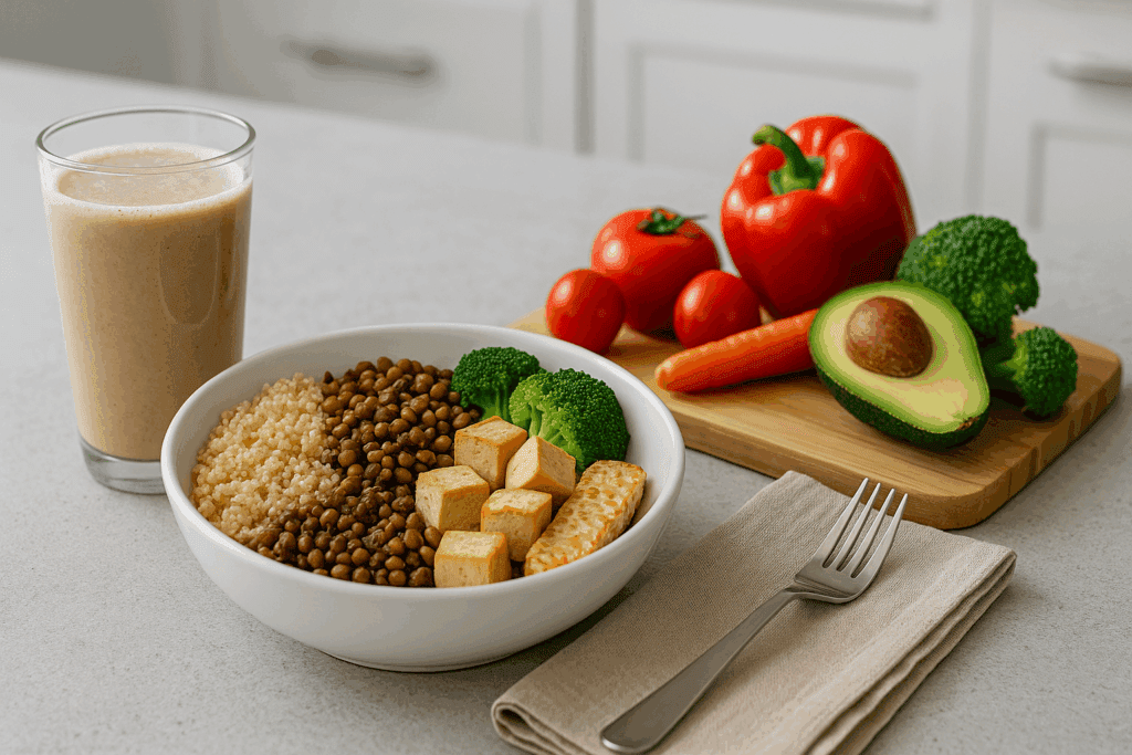 Smart and Natural Ways to Suppress Appetite: Expert-Backed Foods, Herbs, and Teas That Actually Curb Hunger 2 High-protein vegetarian meal with quinoa, lentils, tofu, tempeh, and a plant-based smoothie—perfect for natural ways to suppress appetite.