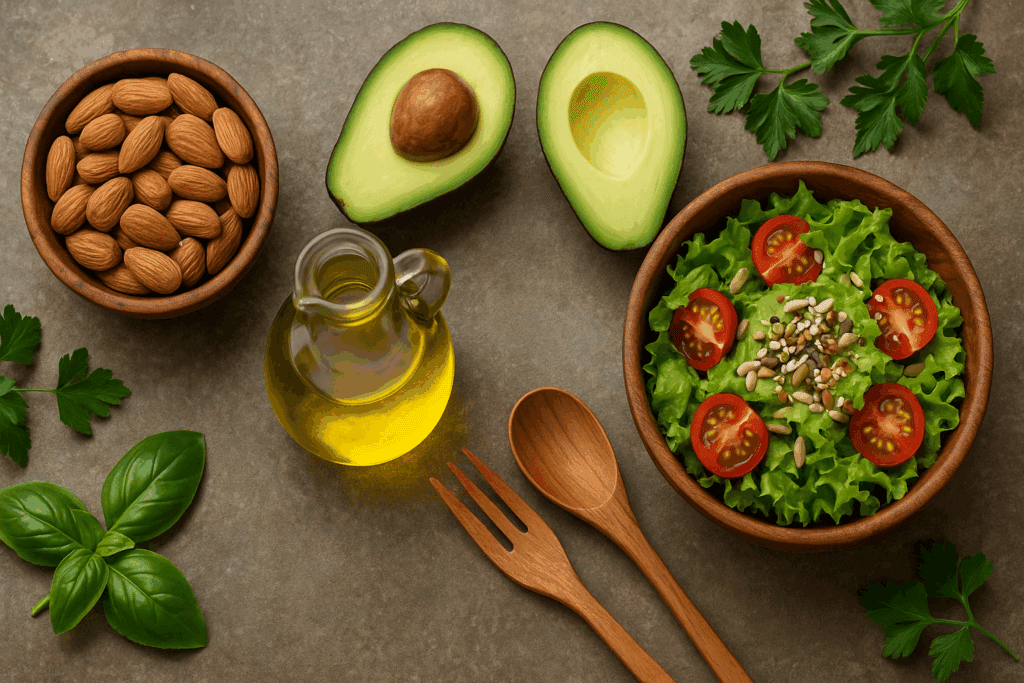 Smart and Natural Ways to Suppress Appetite: Expert-Backed Foods, Herbs, and Teas That Actually Curb Hunger 3 Rustic countertop with avocado, almonds, olive oil, and salad topped with seeds—healthy foods showing natural ways to suppress appetite.