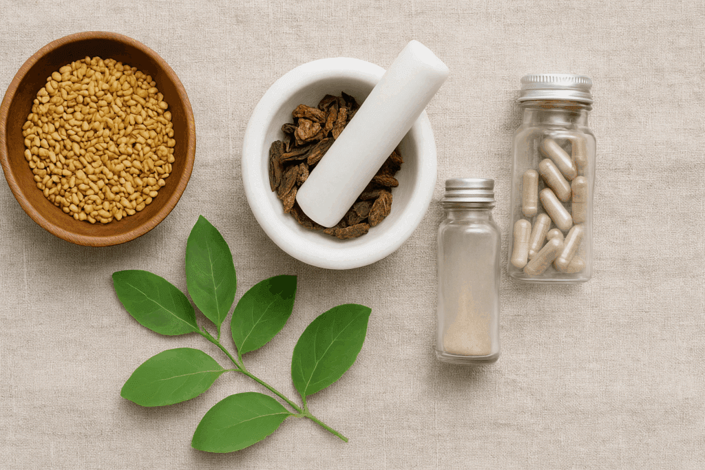 Smart and Natural Ways to Suppress Appetite: Expert-Backed Foods, Herbs, and Teas That Actually Curb Hunger 5 Botanical flat lay of fenugreek seeds, gymnema leaves, dried caralluma, and herbal capsules on linen, illustrating natural ways to suppress appetite