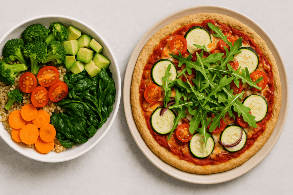 Smart and Satisfying Healthiest Dinner Ideas: Easy, Nutritious Meals for a Better Lifestyle 1 Flat-lay of two colorful plates showcasing the healthiest dinner ideas: a veggie grain bowl and a whole wheat arugula-topped pizza.