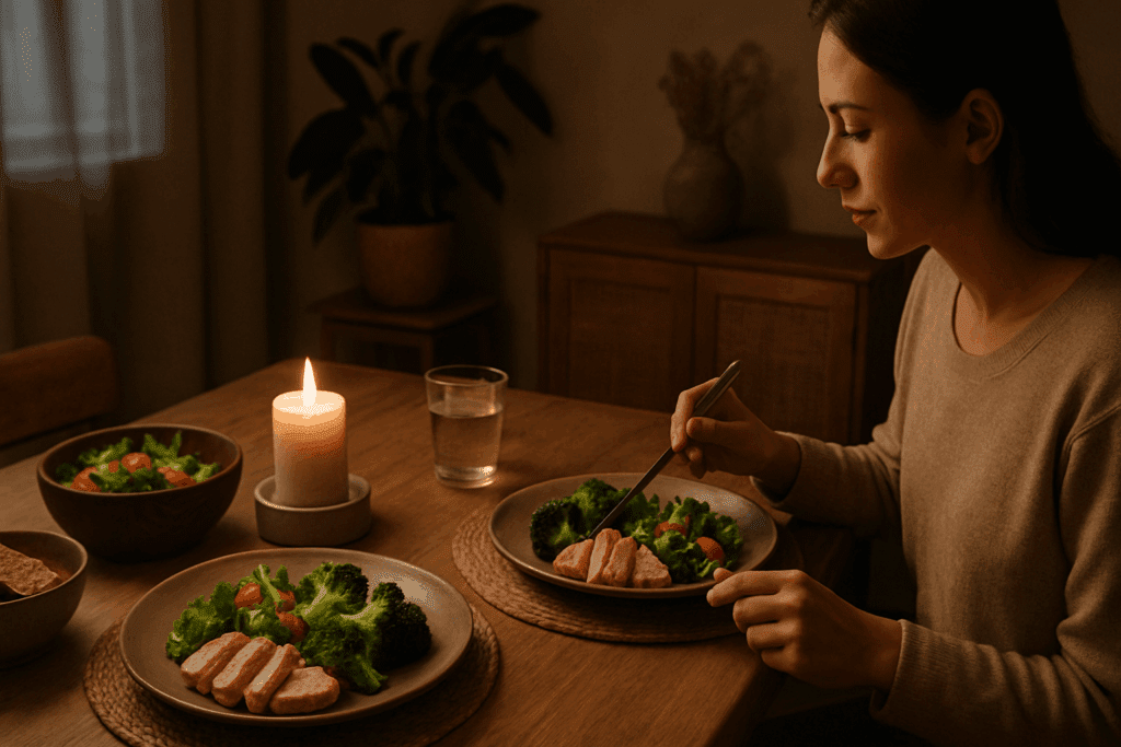 Smart and Satisfying Healthiest Dinner Ideas: Easy, Nutritious Meals for a Better Lifestyle 2 Woman enjoying one of the healthiest dinner ideas—grilled chicken with broccoli and salad in a cozy, candlelit dining space.