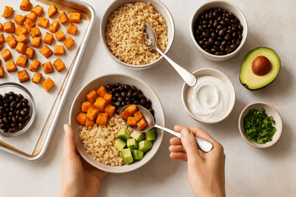 Smart and Satisfying Healthiest Dinner Ideas: Easy, Nutritious Meals for a Better Lifestyle 4 Step-by-step taco bowl prep with sweet potatoes, black beans, avocado, and Greek yogurt—one of the healthiest dinner ideas for busy weeknights.