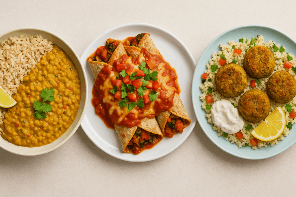 Smart and Satisfying Healthiest Dinner Ideas: Easy, Nutritious Meals for a Better Lifestyle 5 Plated montage of Indian dal with brown rice, Latin veggie enchiladas, and Mediterranean falafel with couscous representing healthiest dinner ideas from global cuisines.