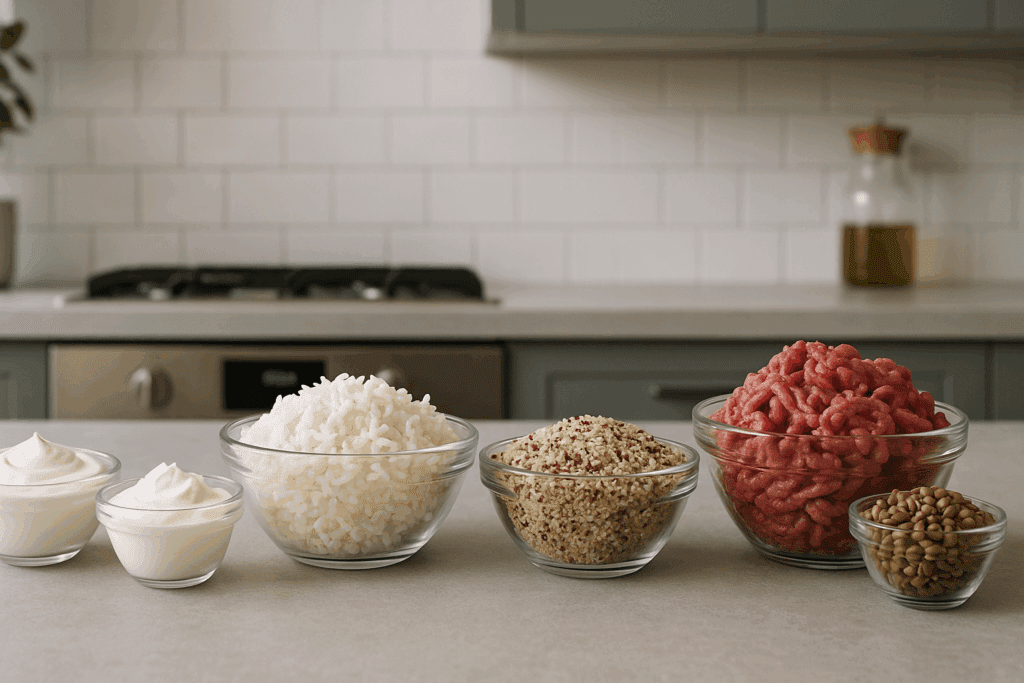 Smart and Satisfying Healthiest Dinner Ideas: Easy, Nutritious Meals for a Better Lifestyle 6 Side-by-side ingredient swaps for healthiest dinner ideas, including Greek yogurt, quinoa, and lentils in a modern kitchen setting