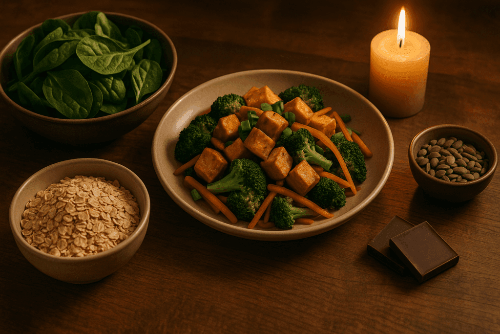 Smart and Satisfying Healthiest Dinner Ideas: Easy, Nutritious Meals for a Better Lifestyle 7 Tofu stir-fry with broccoli and carrots, leafy greens, oats, seeds, and dark chocolate by candlelight—one of the healthiest dinner ideas for mood and sleep support.