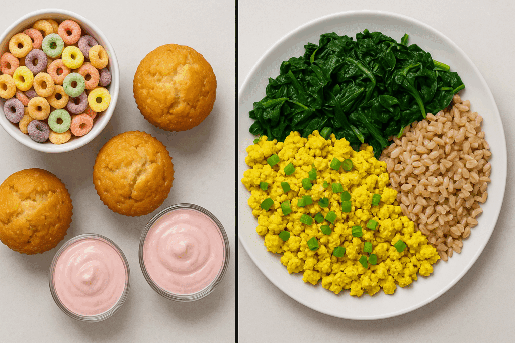 Smart and Satisfying: Healthy Savory Breakfast Ideas and Quick Recipes to Start Your Day Right 1 Split-panel comparison of sugary cereal, muffins, and fruit yogurt versus healthy savory breakfast ideas like tofu scramble, sautéed greens, and whole grains.