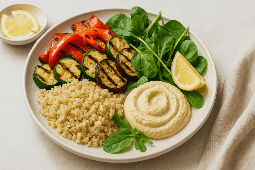 Smart and Satisfying Light Meals for a Healthier Lifestyle: Expert-Approved Ideas for Nutritious Dining Without the Heaviness 1 Colorful plate of light meals with grilled vegetables, quinoa, hummus, and leafy greens with lemon wedges.