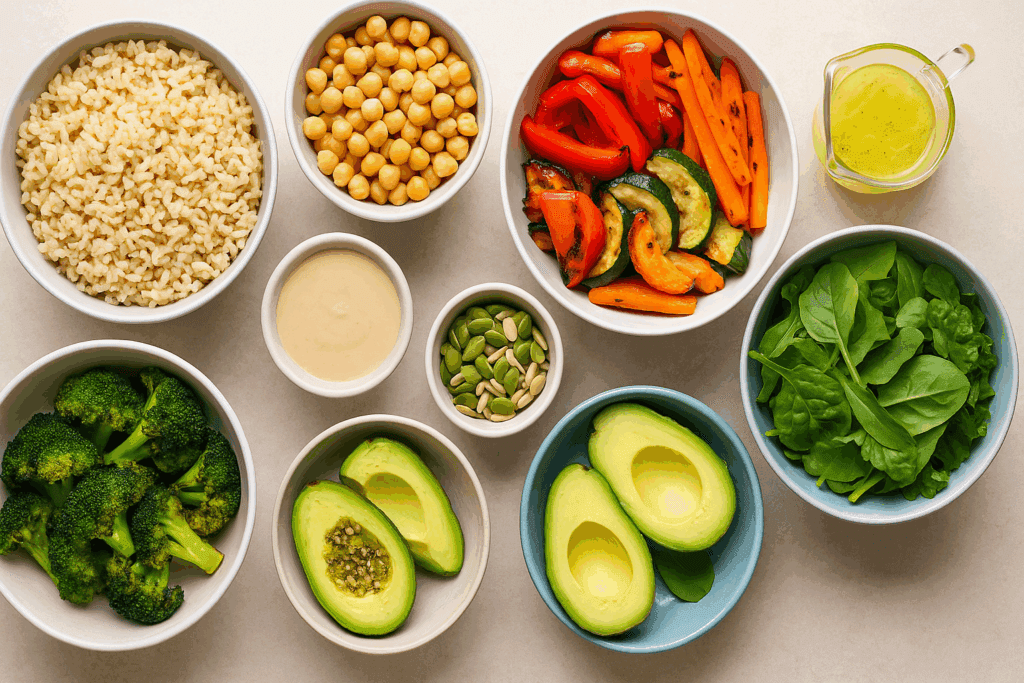 Smart and Satisfying Light Meals for a Healthier Lifestyle: Expert-Approved Ideas for Nutritious Dining Without the Heaviness 4 Top-down view of a DIY grain bowl station with grilled vegetables, greens, legumes, and sauces for creating light meals.